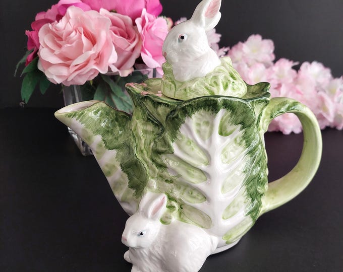 Vintage Rabbit Cabbage Leaf Teapot - Collectible Easter Spring Bunny Kitchen Decor