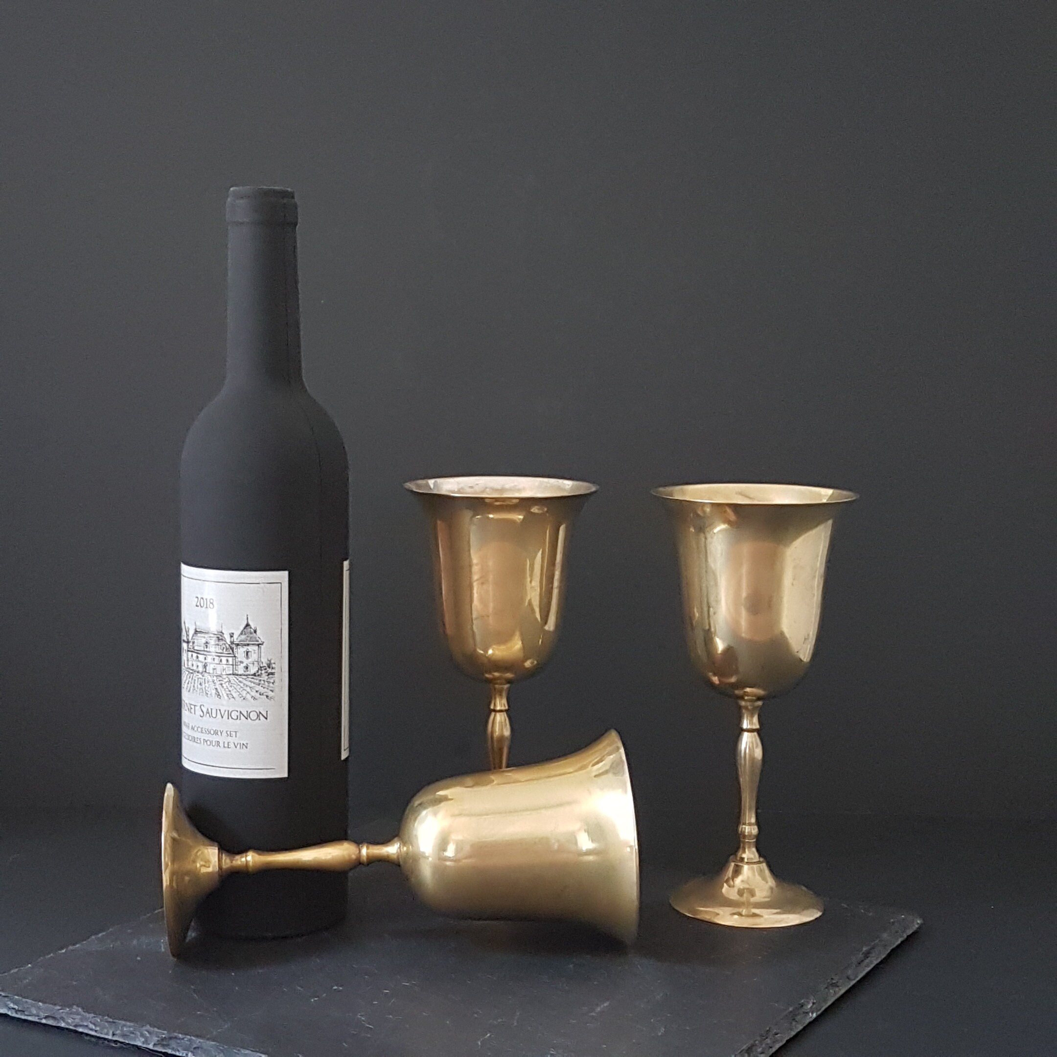 Vintage Brass Wine Goblets, Set of 3, Boho Brass Goblets, 8oz Metal Wine  Glasses, Made in India