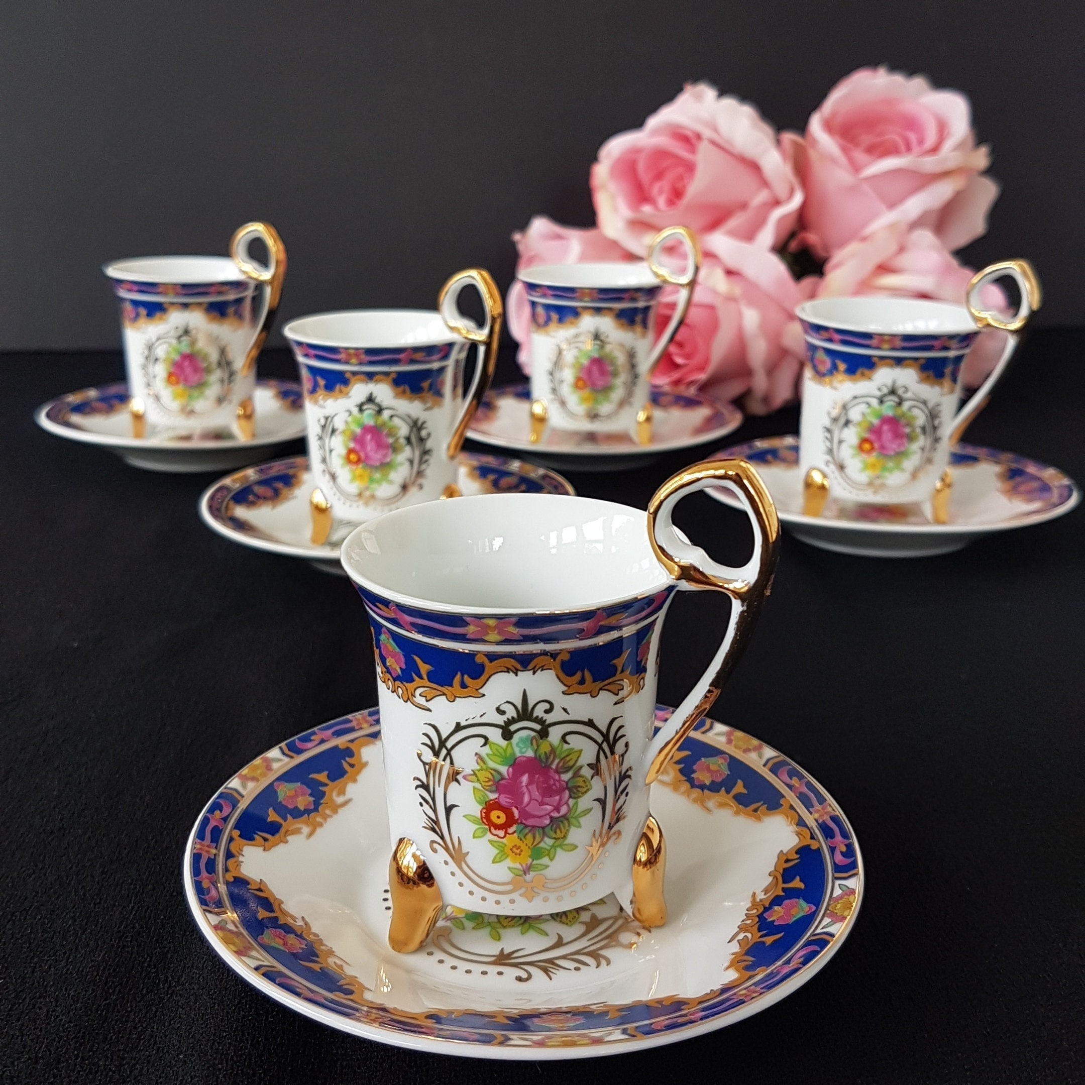 Vintage Espresso cups set of 4 cups and saucers Modern White, Gold, Orange