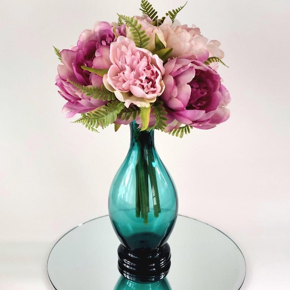 Vintage Mid Century Teal Blue Glass Vase 9 Inch Ruffled Fluted Pedestal Urn
