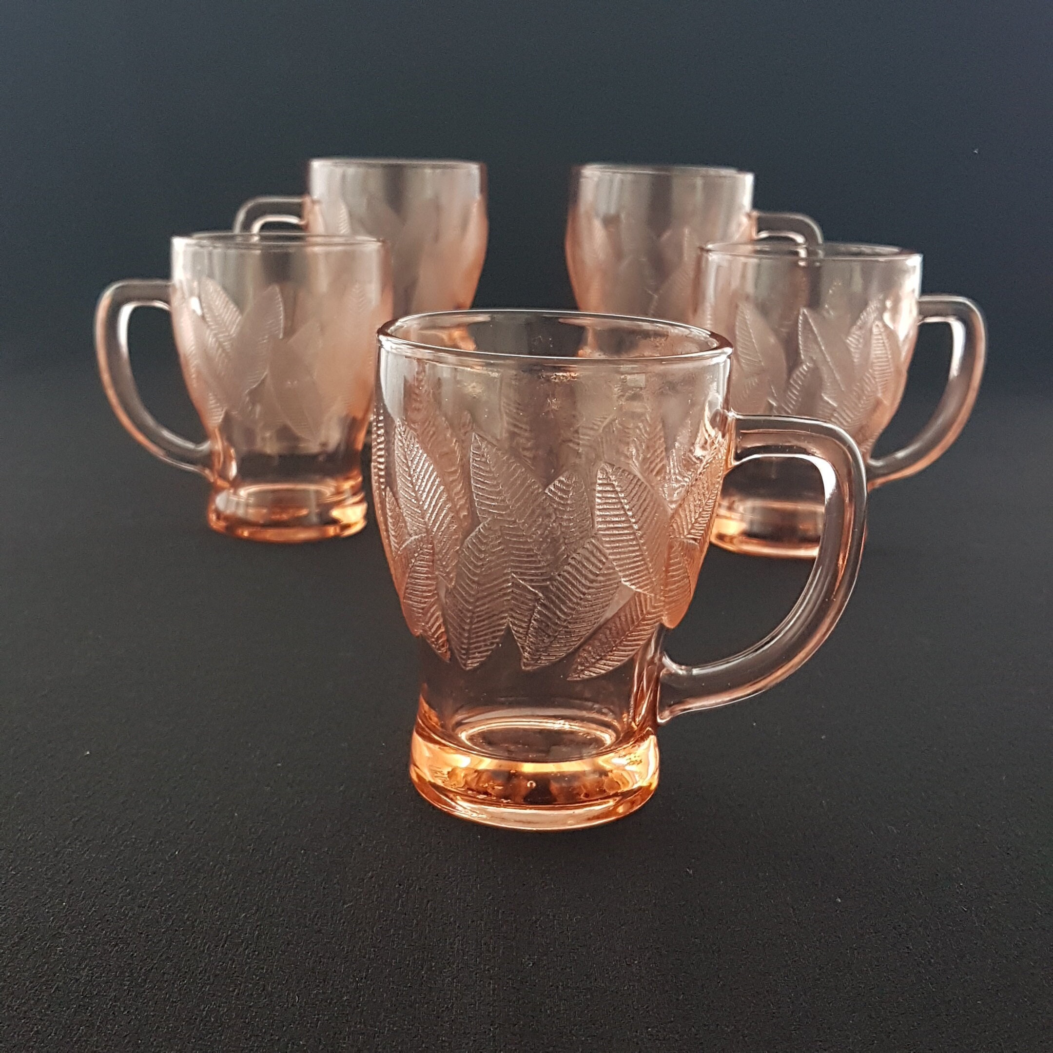 Vintage KIG Clear Glass Coffee Mugs, Pressed Glass Mugs, Tea Mugs, Set of  Two, Floral Design 