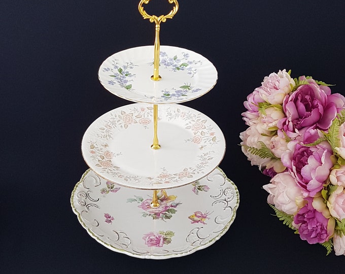 3 Tier Cake Stand, Mismatched China, Vintage Antique Floral Plates, Spring Flowers, Afternoon Tea Serving Tray