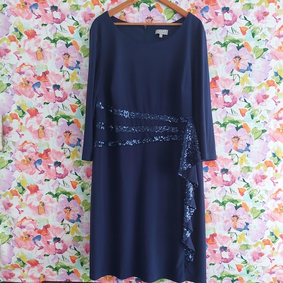 Laura Plus Size Navy Blue Sequin Cascade Evening Dress - Elegant Formal Wedding Guest Party Outfit Size 20