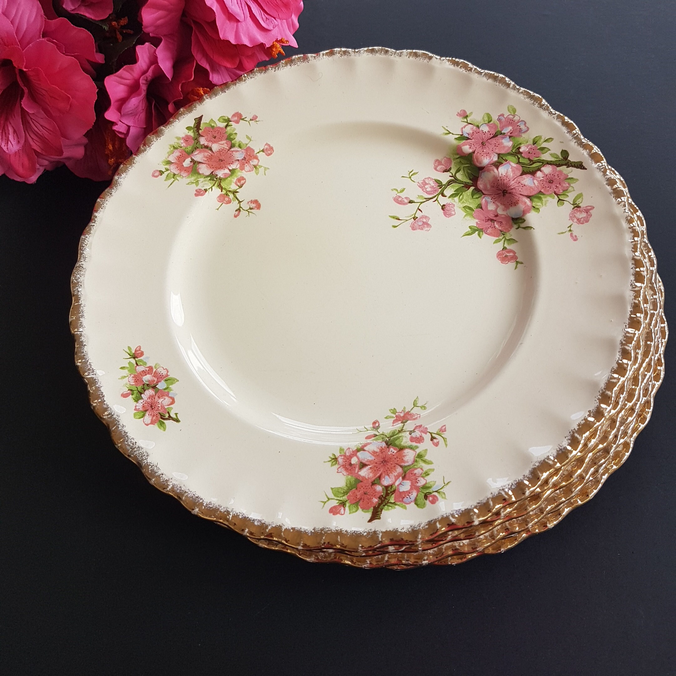 WH Grindley Creampetal Pink Cherry Blossom Dinner Plates, Set of 4 Ironstone Plates, 10 Inch