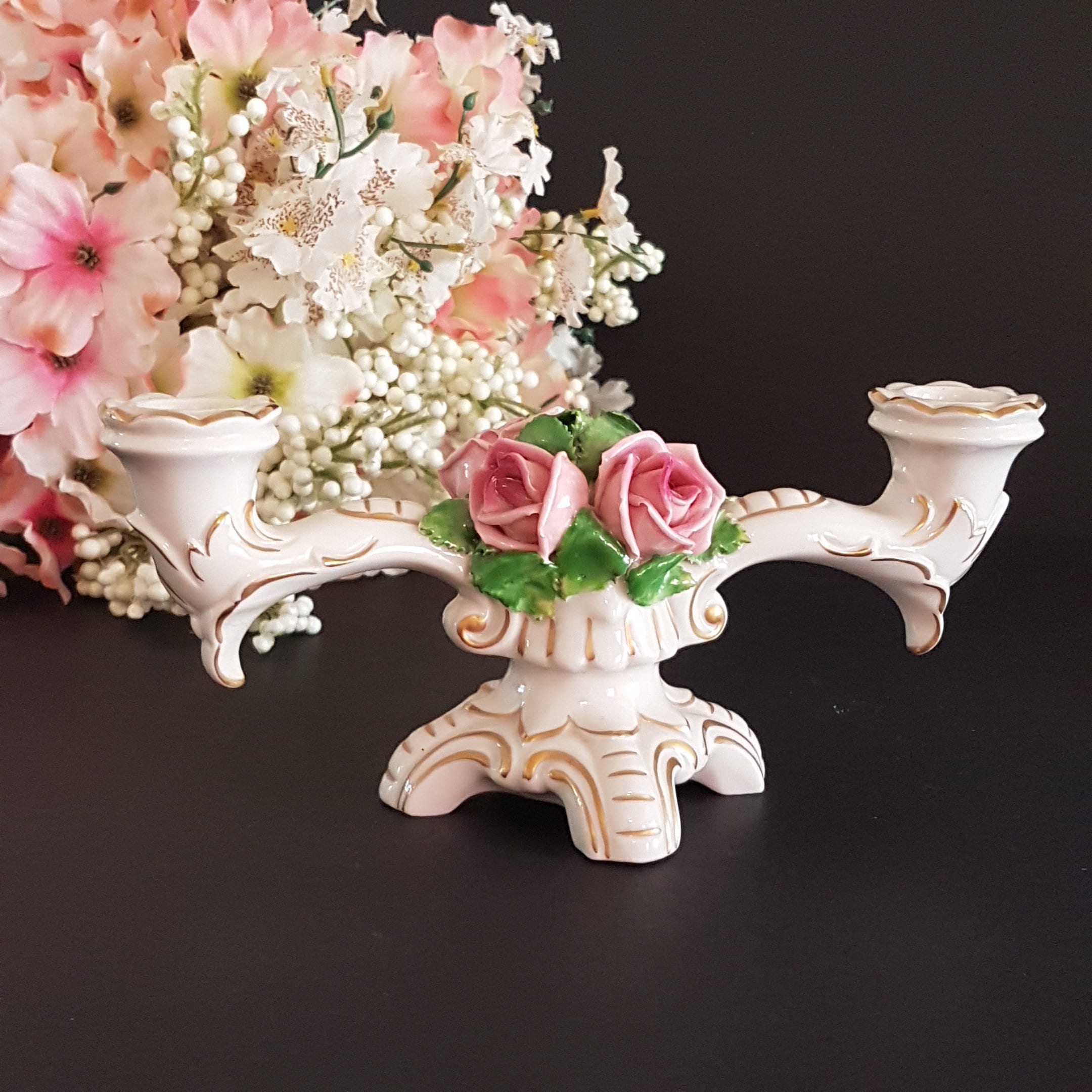Porcelain Double Light Candlestick Holder, Pink Roses, Vintage Taper