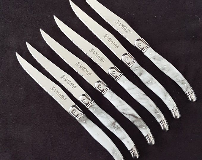 French Vintage Laguiole Steak Knife Set of 6, Faux Marble Handle, Stainless Steel Serrated Blade