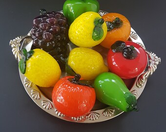 Italian Blown Glass Vegetables, Murano Style Glass Fruit Red Apple, Green Pear, Orange, Purple Grape, Green Pepper, Lemon, Vintage Art Glass