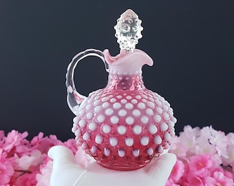 Vintage Fenton Cranberry Opalescent Hobnail Art Glass Cruet with Stopper