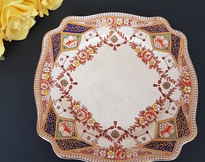 STAFFORD Dinner Plate, Newport Pottery, 9.75 Inch, Vintage Hand Painted Imari Style Square Plate, FLAWED, 1940s