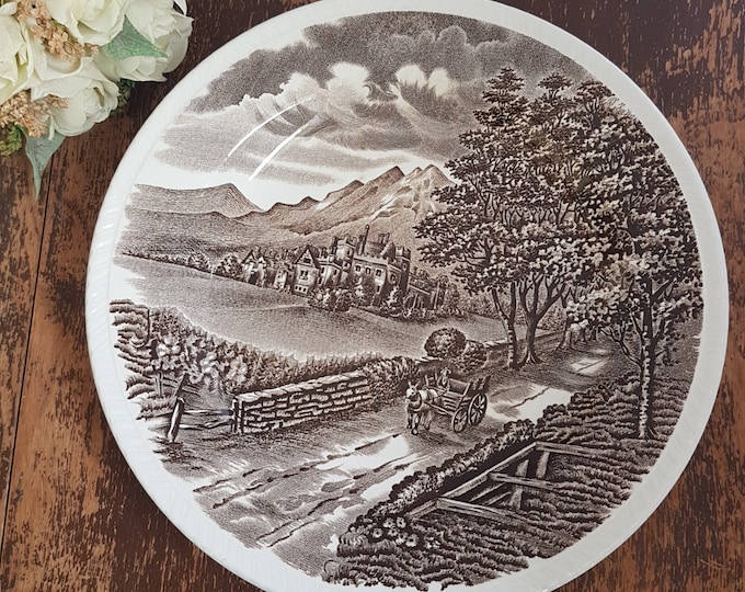 Brown Transferware Dinner Plates, Wood & Sons WESTMORLAND Country Village Scene, Set of 3 Ironstone Plates, England, 1970s