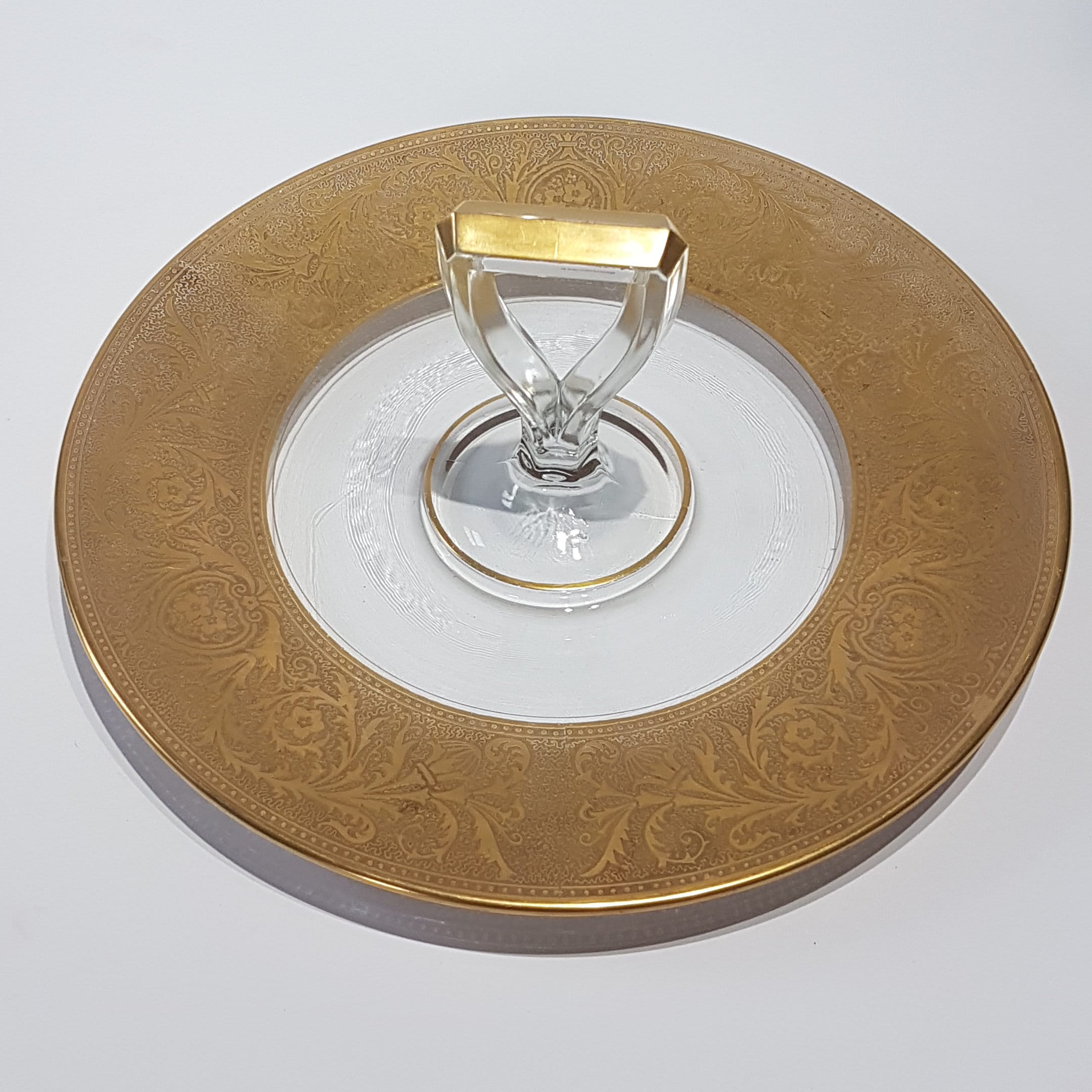 Vintage Clear Glass Single Handle Serving Plate Thick Gold Embossed