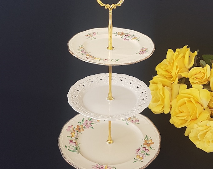 3 Tier Cake Stand, Mismatched Plates in Soft Yellow and Off White, Medium Tea Party Serving Tray