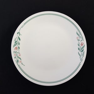 May include: White ceramic dinner plate with a green and pink floral design. The plate has a green rim and a subtle green border.