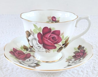 Royal Albert Red and White Roses Teacup Saucer | English Bone China | 1960s Tea Set