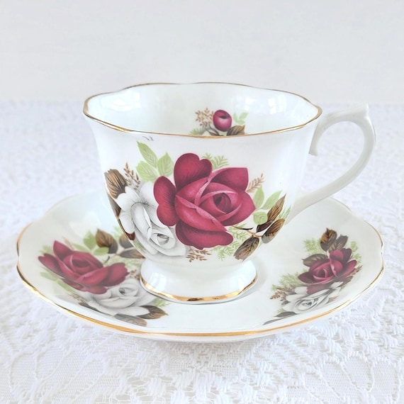 Royal Albert Red and White Roses Teacup Saucer | English Bone China | 1960s Tea Set