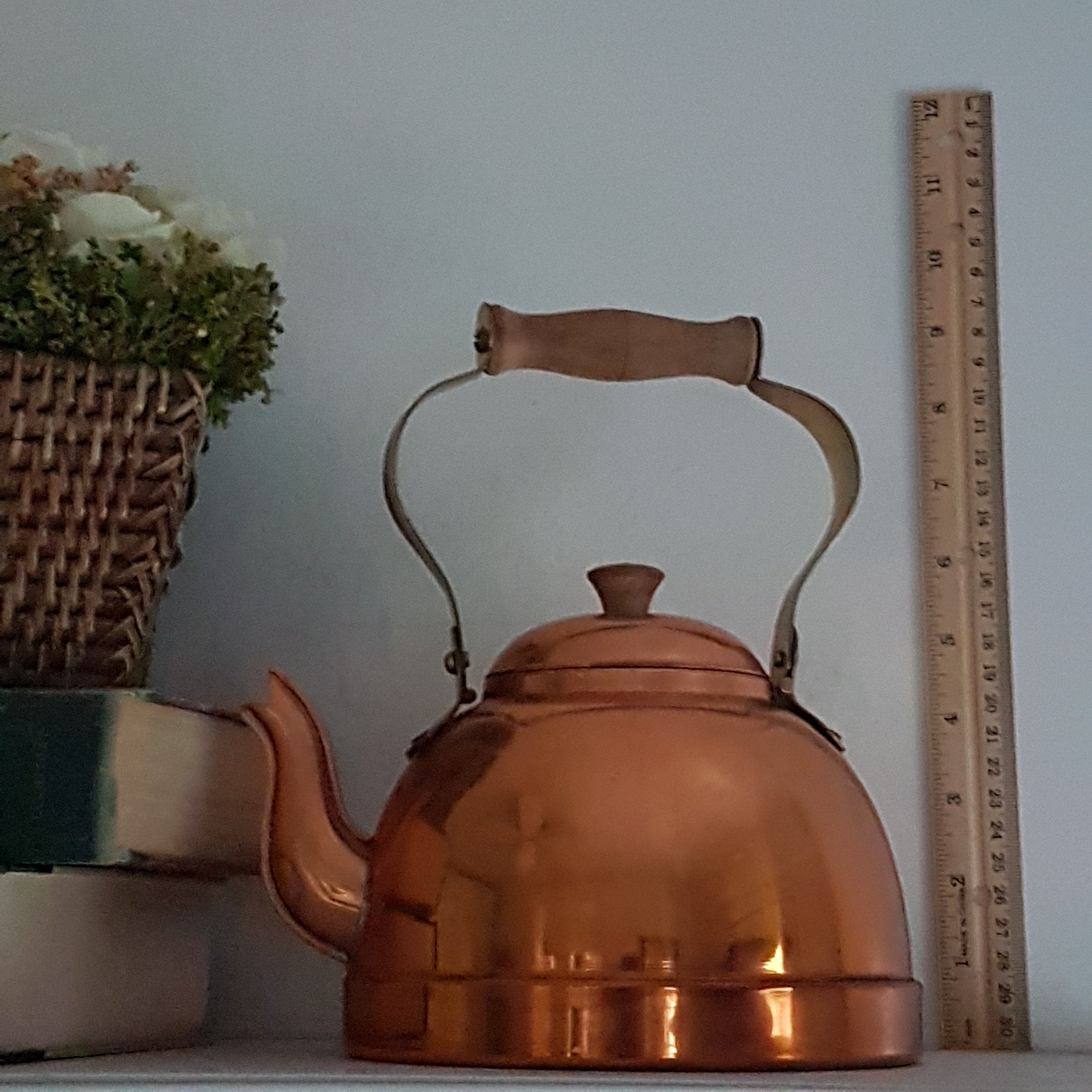Vintage Stovetop Copper Tea Kettle with Brass and Wood Handle, Made in