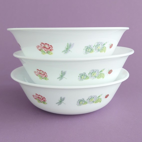 Corelle Camellia 18oz Soup Bowls Set of 3 | Vintage Dragonfly Floral Cereal Salad Dish