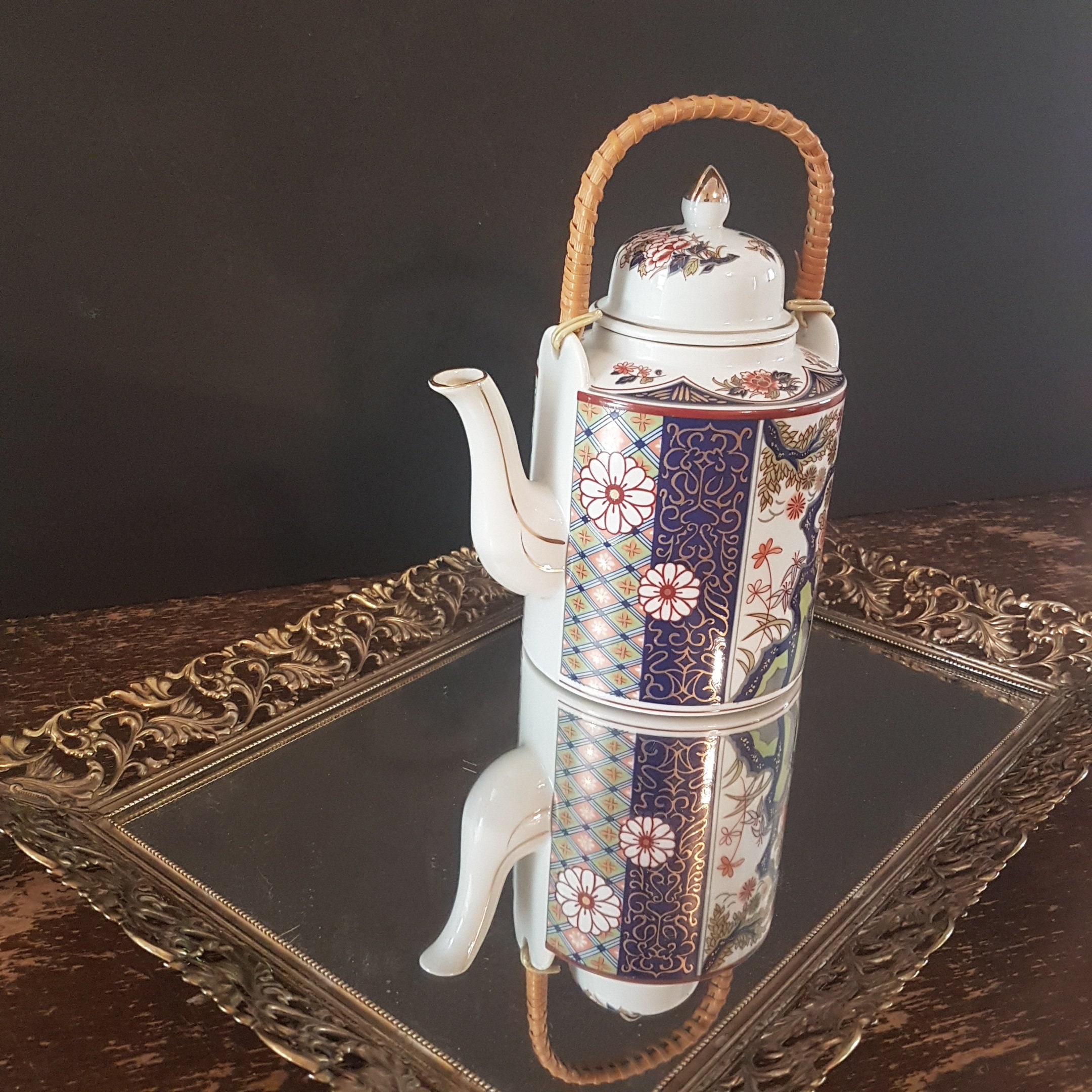 Vintage Imari Japan Teapot, Wicker Handle, Arita Ware, Japanese