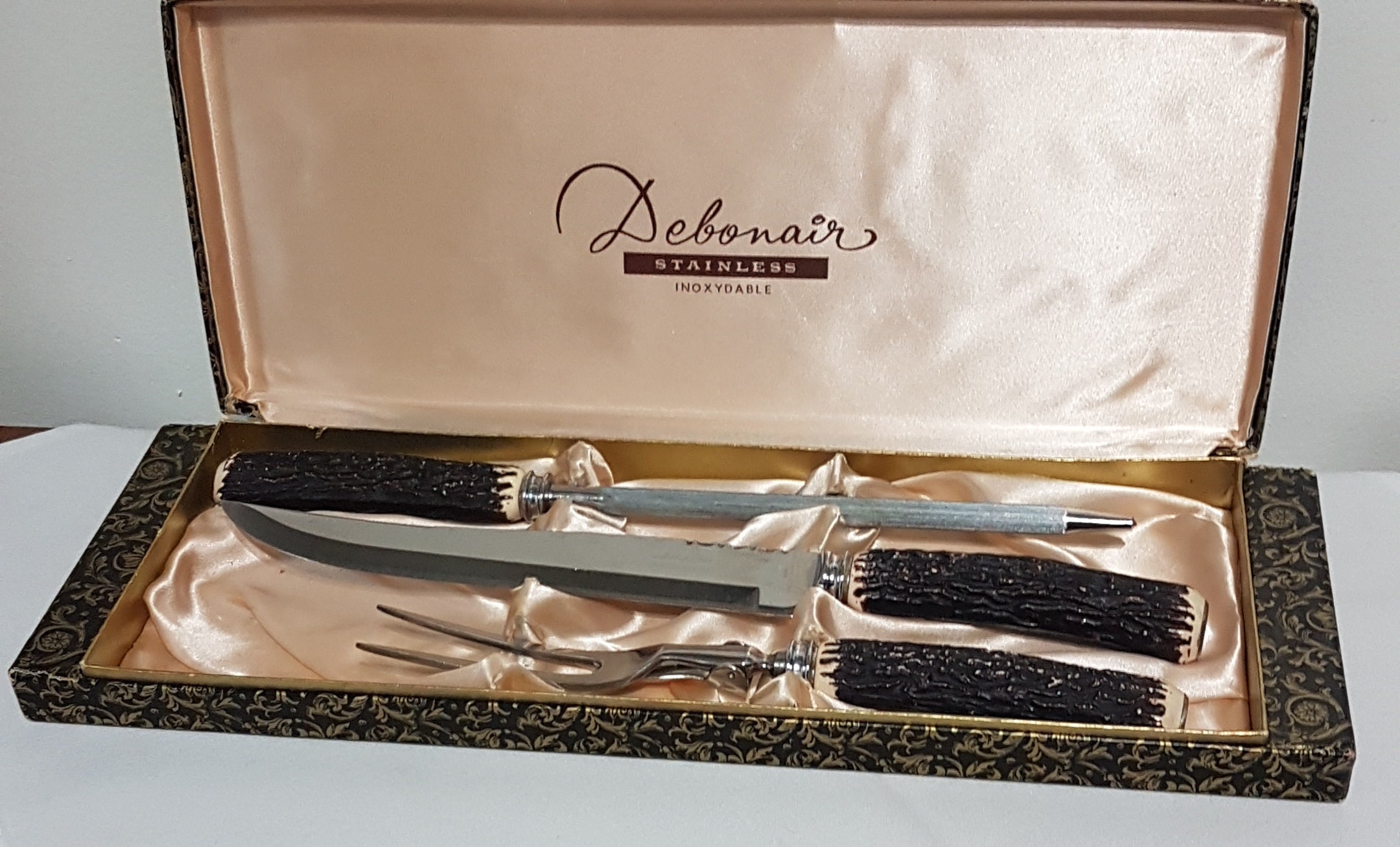Vintage Debonair Meat Carving Set, Faux Antler, Original Box, Stainless