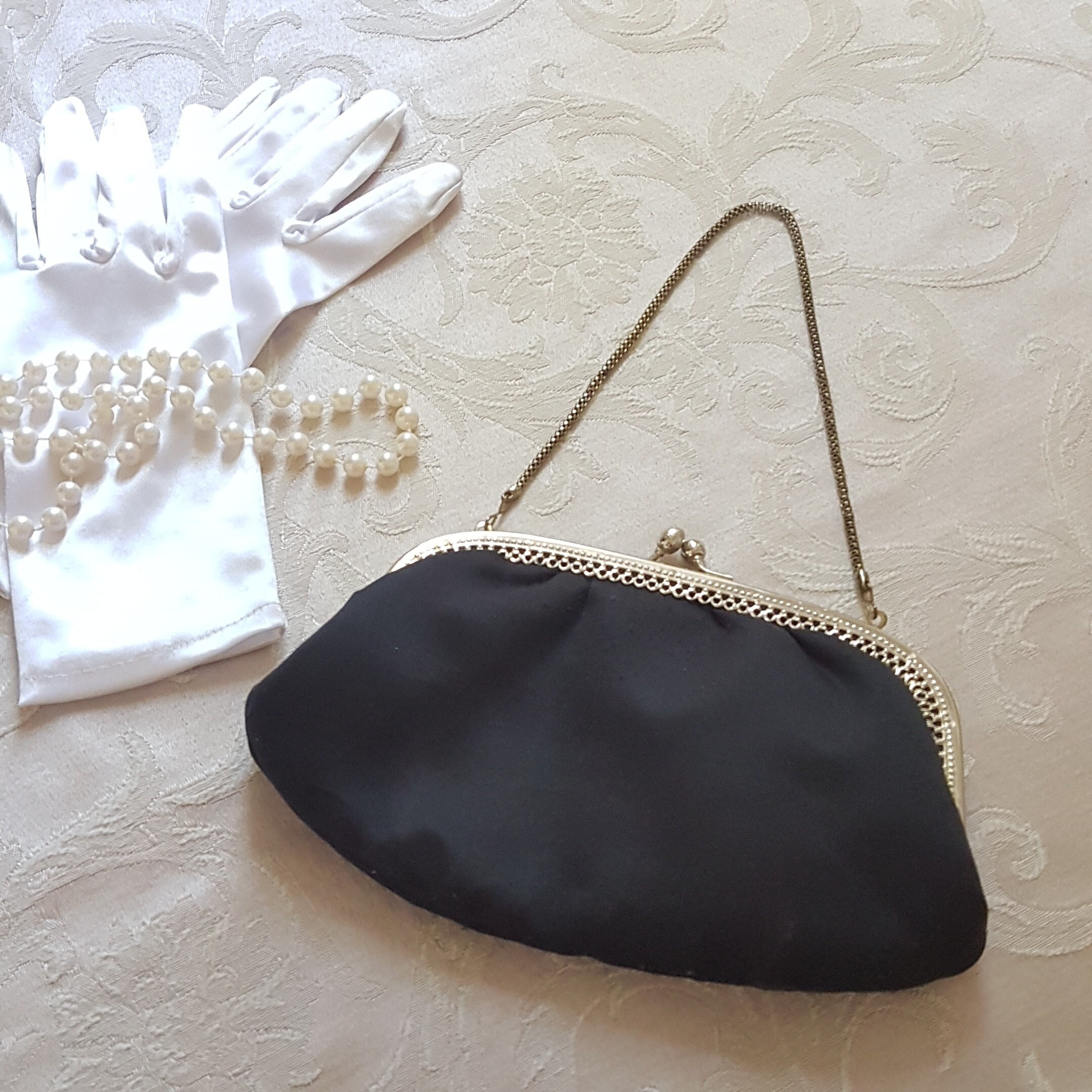 Vintage Black Evening Bag With Silver Tone Filigree Hang From 