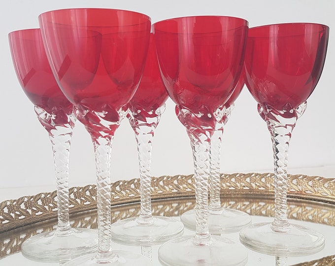Sasaki Crystal CORONATION Ruby Red Cordial Glasses, Set of 6, Hand Blown Glass, Twisted Clear Stem, Red Glass Bowl, Japan, 1970s