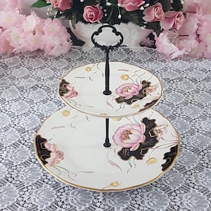 Elegant 2 Tier Cake Stand, Mason&#39;s WATER LILY Pink Black Ironstone Serving Tray