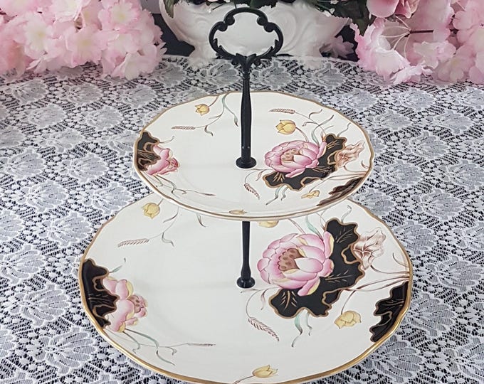 Elegant 2 Tier Cake Stand, Mason's WATER LILY Pink Black Ironstone Serving Tray