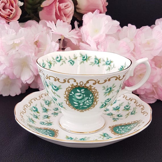Royal Albert Memento Teacup and Saucer, Cameo Series Green Floral, Vintage English Bone China