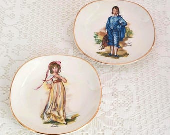 Pink and Blue Boy Trinket Dishes - 5 inch Wall Plates Vintage English China