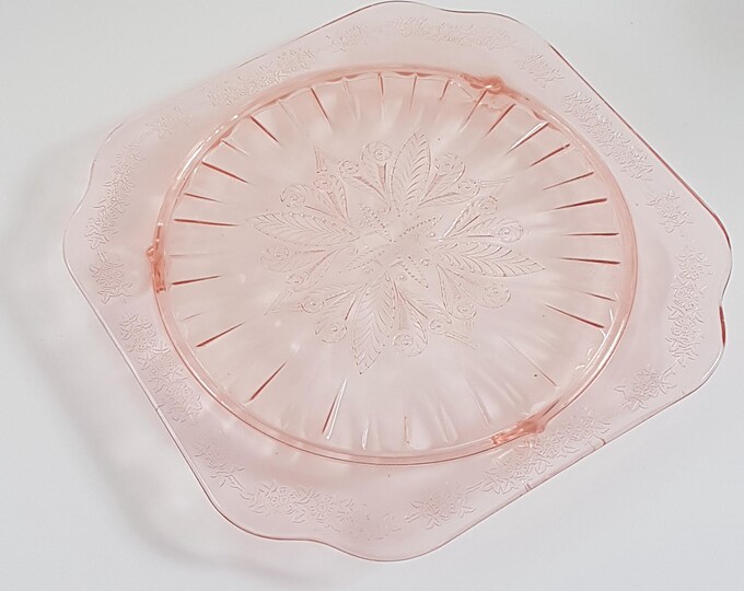 Pink Depression Glass Footed Cake Plate, Vintage Jeanette Glass ADAM Pattern, 1930s