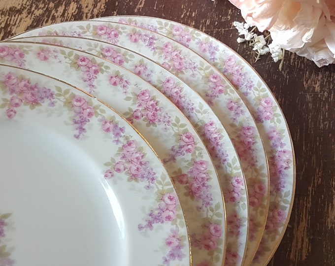 Limoges Porcelain Dessert Plates, Set of 5, Pink Purple Roses, GDA France, CH Field Haviland Limoges, 1900 to 1950