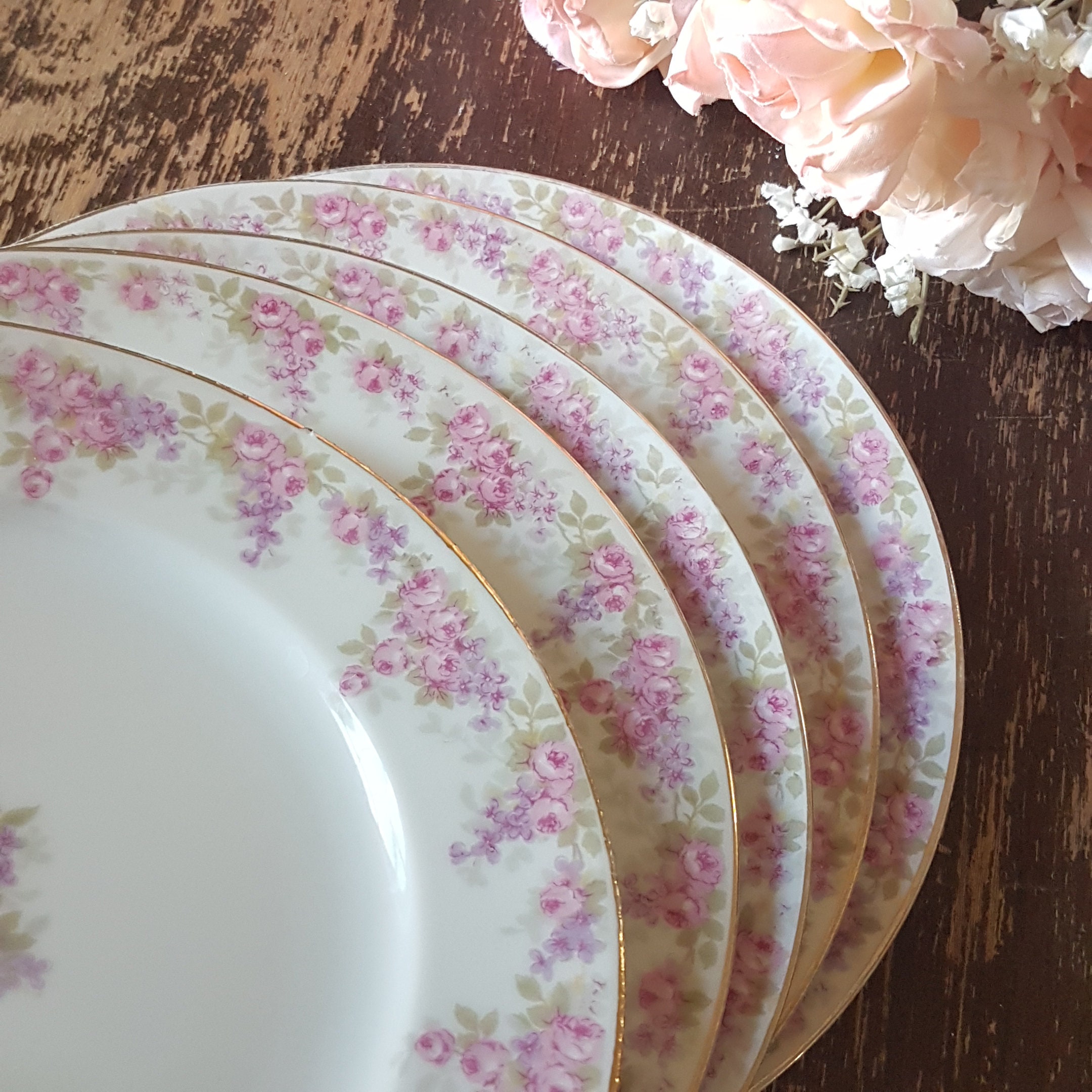 Limoges Porcelain Dessert Plates, Set of 5, Pink Purple Roses, GDA
