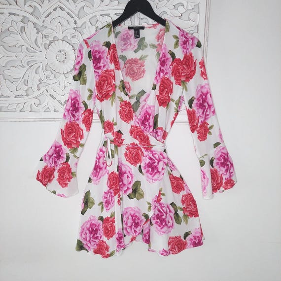 Y2K Forever 21 Floral Wrap Mini Dress Long Top Vintage Cottagecore Chiffon