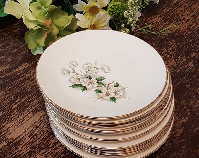Georgian China SPRING BLOSSOM Plates, Set of 4 with White Flowers or Set of 2 with Silver Grey Flowers, USA Origin, 1960s