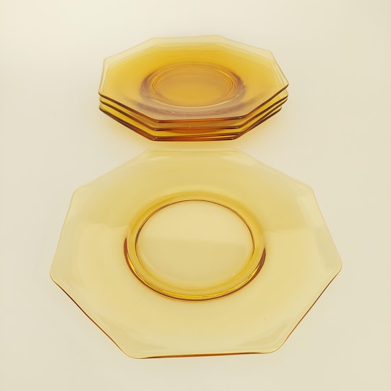 Vintage Fostoria Amber Glass 7.5" Octagon Luncheon Plates - Set of 5
