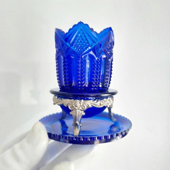 Antique German Cobalt Blue Cut Glass Toothpick Holder, Ornate Metal Stand, Early 20th Century