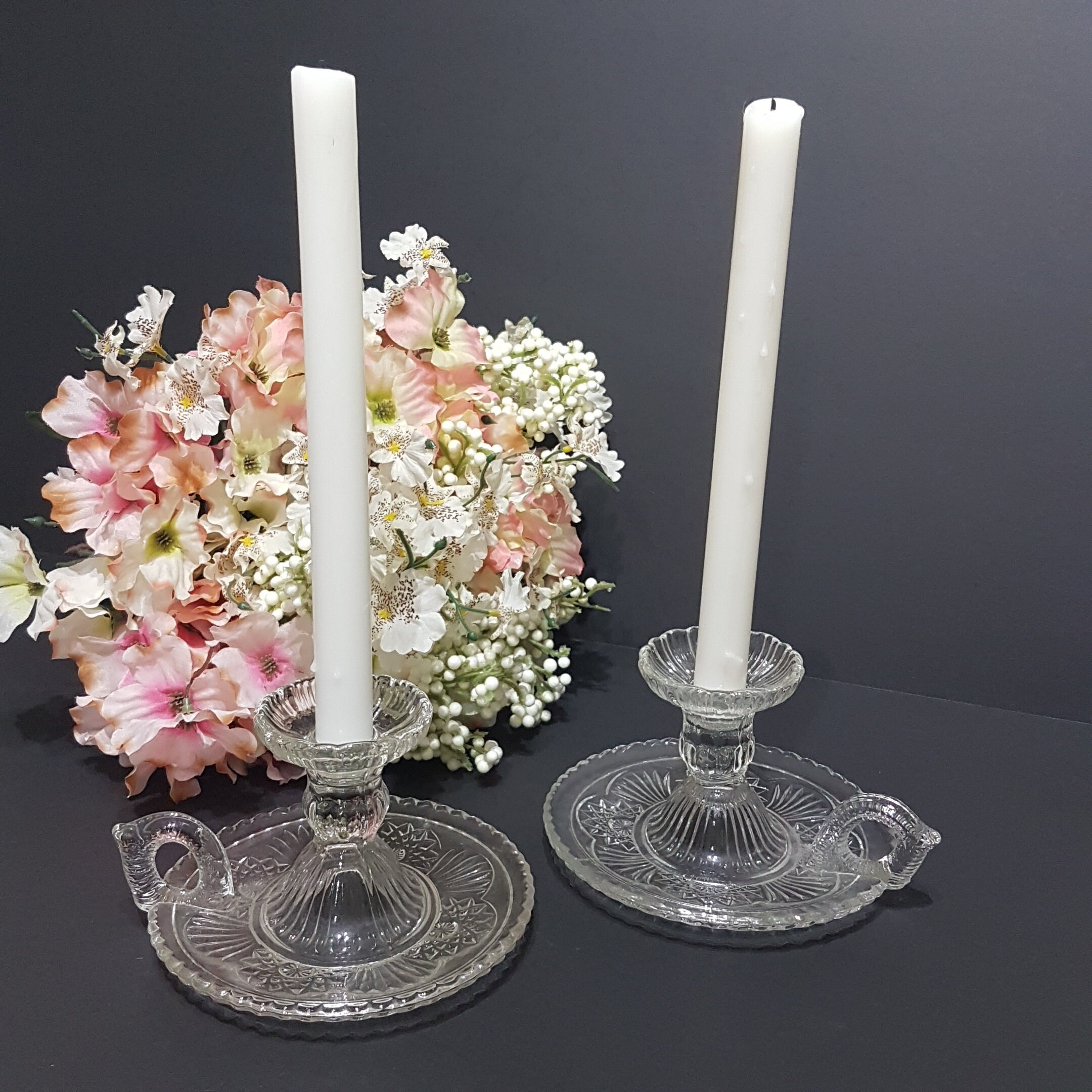 Pair of Vintage Clear Glass Taper Candle Chamberstick Holders with