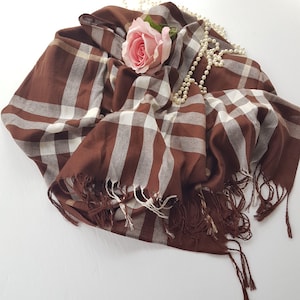 Xale de pashmina xadrez marrom vintage: xale de noite listrado macio