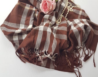 Pashmina Shawl, Brown Plaid, Brown White Stripe, Vintage Pashmina Scarf, Brown Evening Shawl, Pashmina Wrap, Gifts for Her