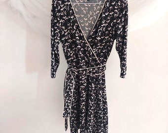 Jacob Black Cream Ginkgo Leaf Print Wrap Dress 3/4 Sleeve Professional Office Midi Size Medium
