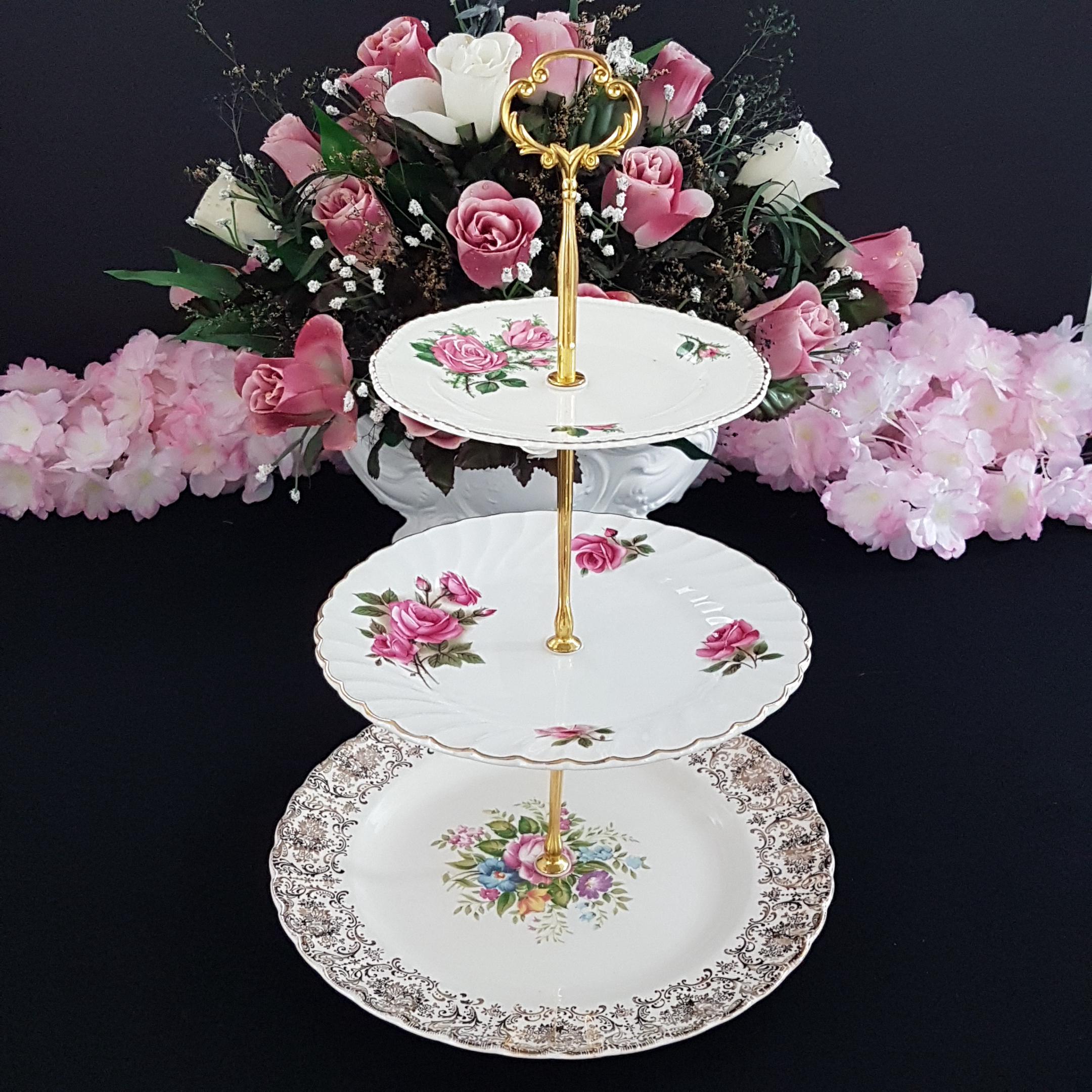 Tier Plates 3 Tier Cake Stand, Mismatched Pink Rose Tiered Plates, Bridgerton ...