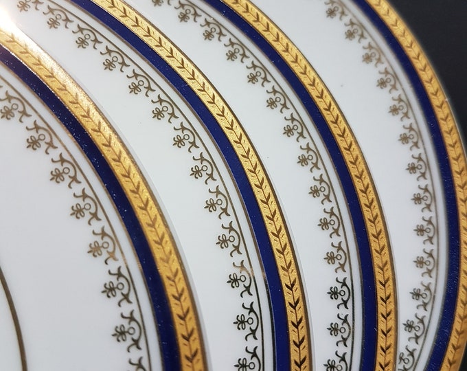 Dessert Plates, Royal Vienna China, Pattern RVG2, Gold Laurel Leaf, Blue Band, Set of 4 Dessert Side Plates