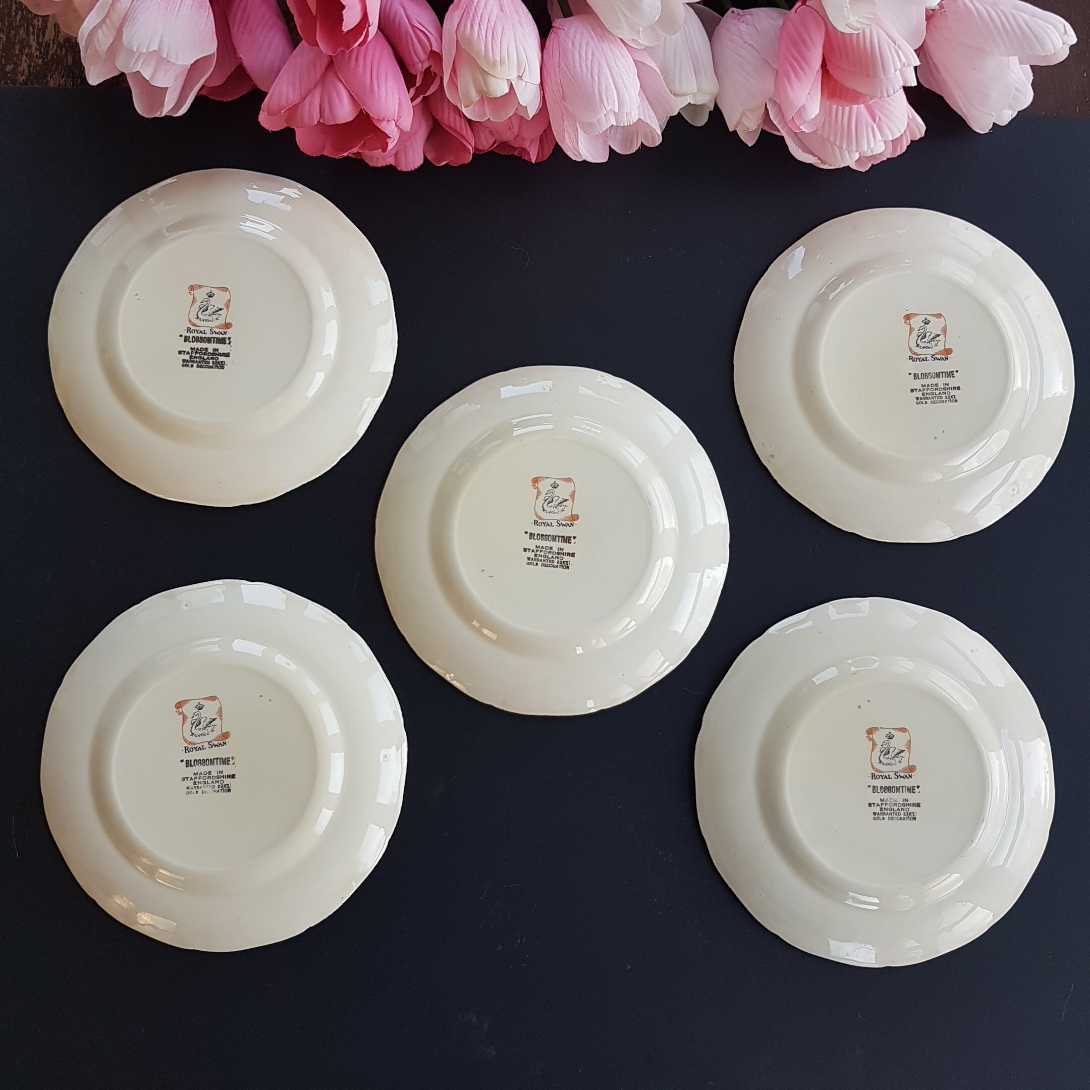 Royal Swan BLOSSOMTIME, 7 Side Plates, Set of 5, Pink Cherry Blossoms