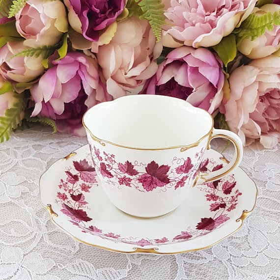 Vintage Royal Crown Derby Tea Cup & Saucer: Maple Leaf Maroon, Gold Scrolls