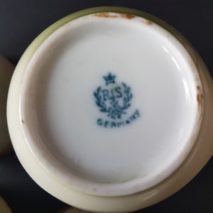 May include: Close-up of a white porcelain cup with a green mark that reads "RIS GERMANY" and a crown above the letters.