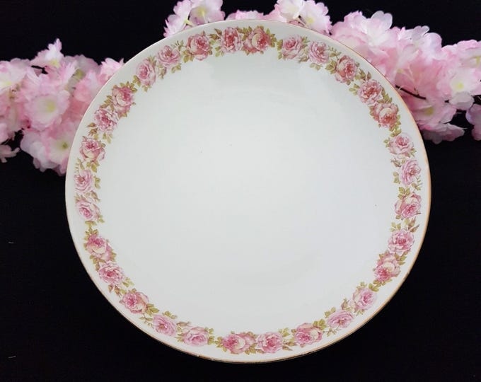 Antique French Limoges Porcelain Pedestal Bowl with Pink Roses, VS Limoges Victor Sigel, 1908-1932