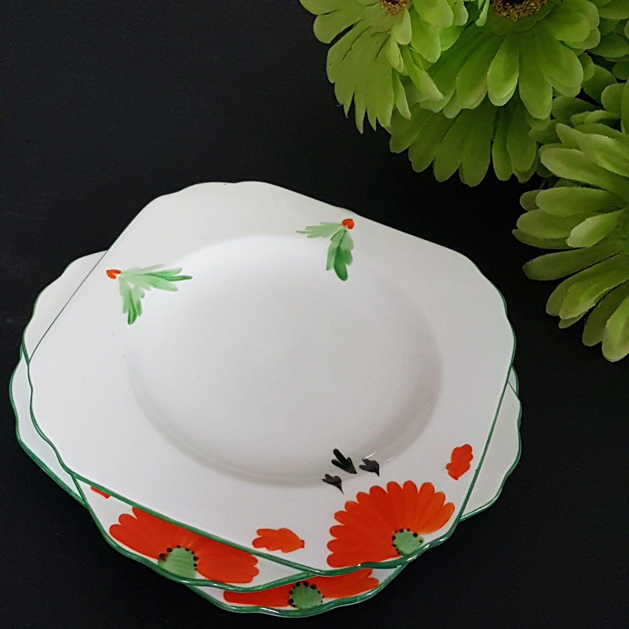 Set of 3 New Chelsea Square Side Plates, Hand Painted Orange Flowers