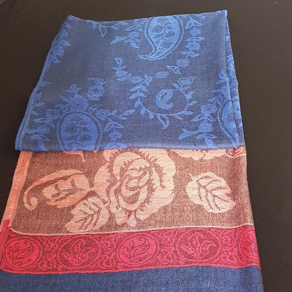 Vintage Blue & Rose Floral Pashmina Silk Shawl - Paisley Jacquard Evening Wrap
