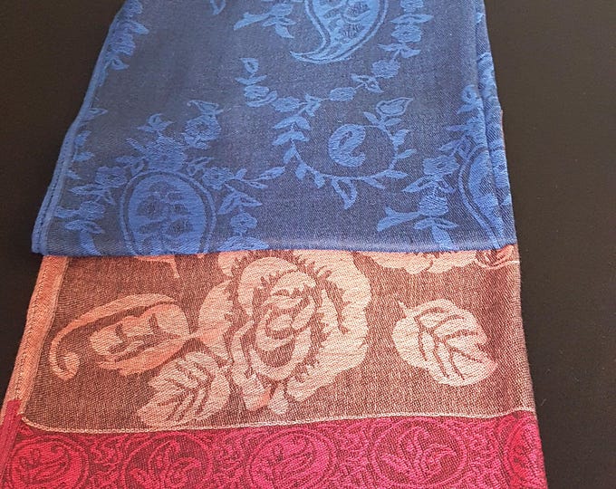 Vintage Blue & Rose Floral Pashmina Silk Shawl - Paisley Jacquard Evening Wrap