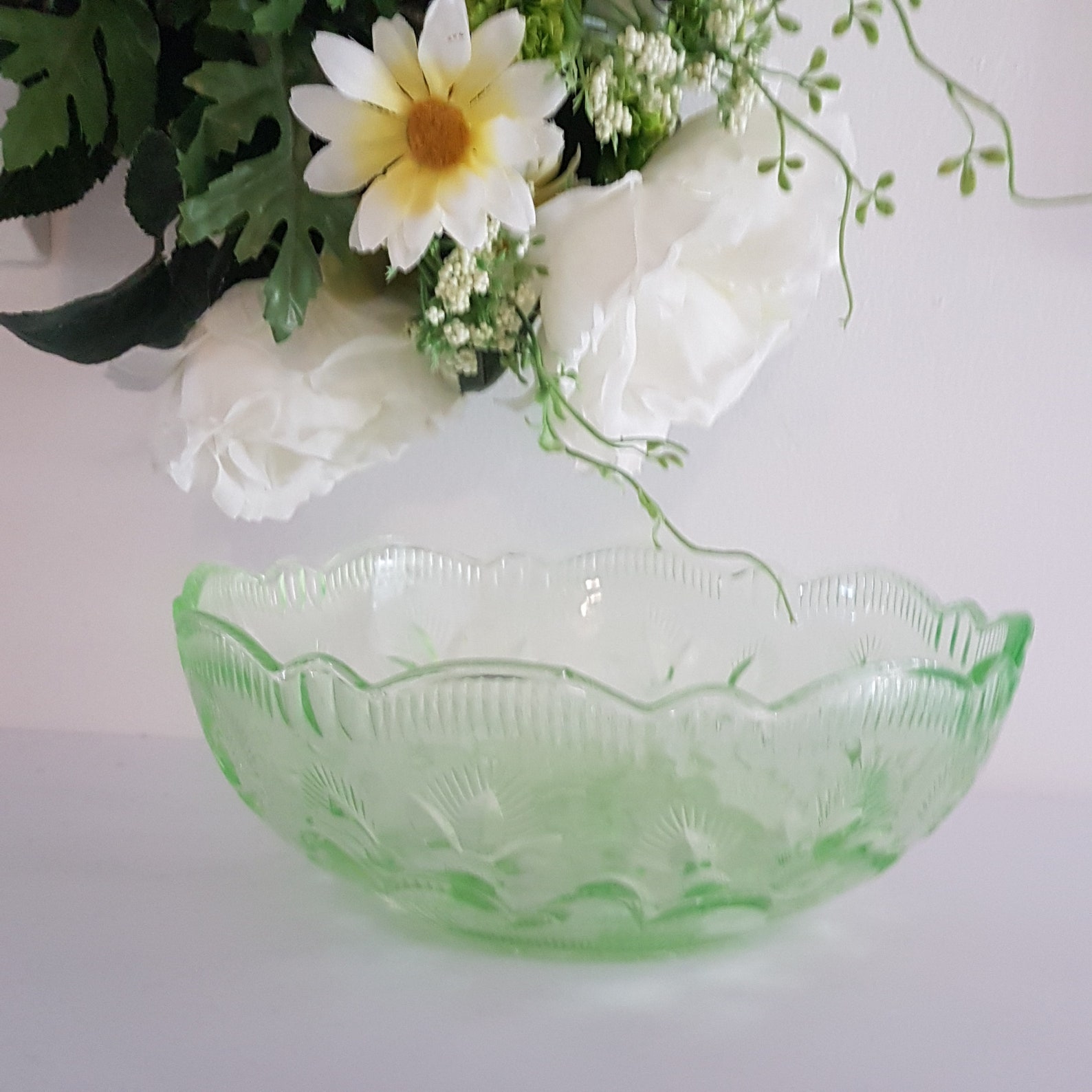 Vintage Uranium Glass Serving Bowl Thistle Pattern Fruit Etsy